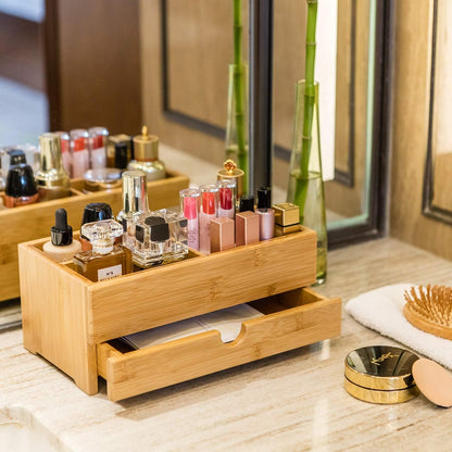 GOBAM Bamboo Makeup Organizer and Storage with Drawer, Wooden Cosmetic Organizer Countertop for Bathroom, Bedroom, Kitchen & Dresser, Desk Organizer with Drawers and Make up Vanity Station - Medium