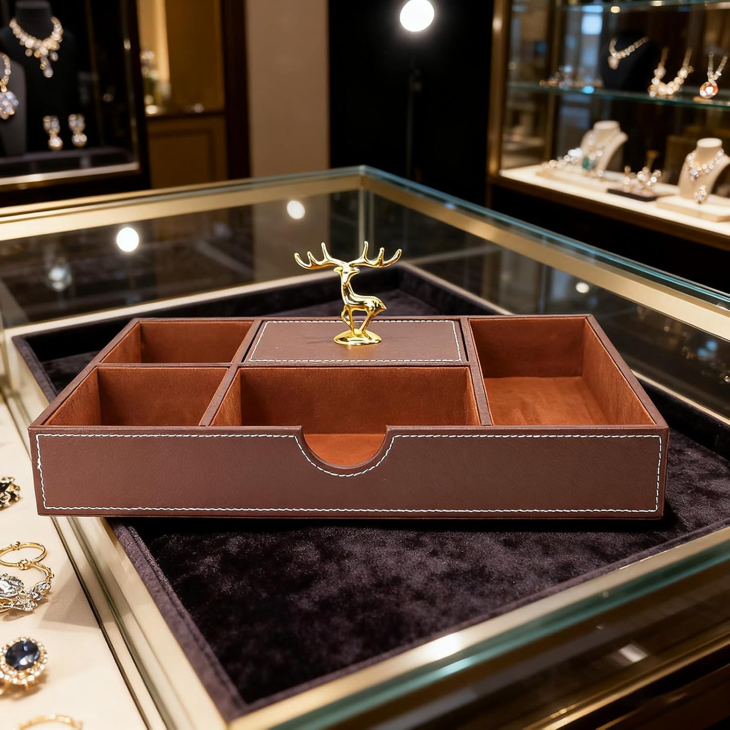Jewelry Trays Nightstand Organizer, Valet Tray for Men and Women, Dressing Table Storage Box, Dark Brown Faux Leather, 5 Compartment