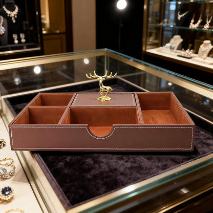 Jewelry Trays Nightstand Organizer, Valet Tray for Men and Women, Dressing Table Storage Box, Dark Brown Faux Leather, 5 Compartment
