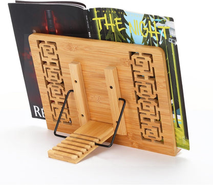 MEGREZ Bamboo Book Stand (13.2 x 9.4 inch) for Reading, Kitchen Cookbook Holder, Adjustable for Tablet/Textbook, Hollow Bookrest, Panda