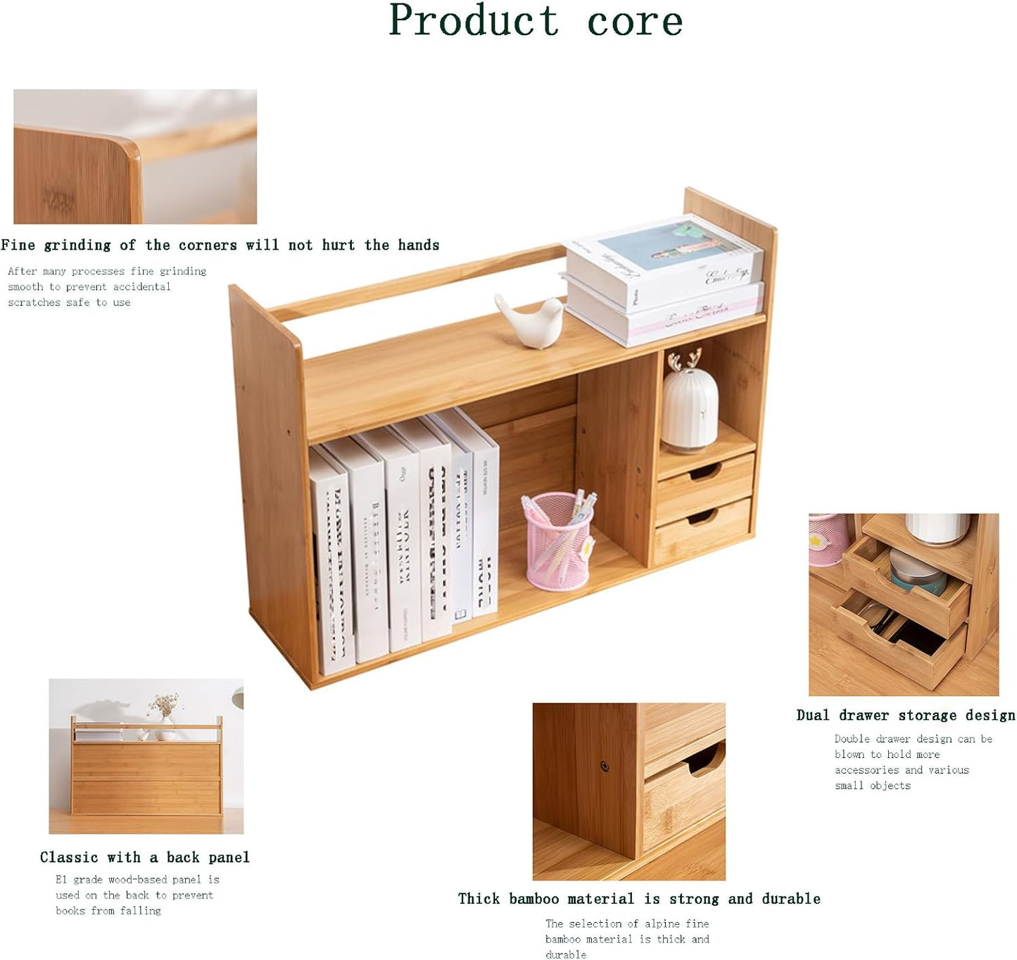 Bamboo Desktop Bookshelf – Small Bookshelf for Desk with Drawers, Double Layer Display Shelf & Desk Hutch Organizer for Office, Dorm & Computer Desk (22.8"x7.5"x18.1")