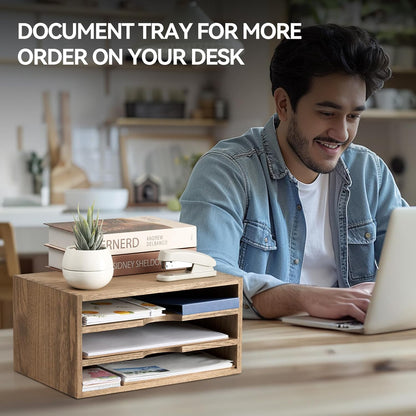 KIRIGEN Wooden Desktop Organizer Paper Storage Letter Tray File Sorter - Desk Rack Magazine File Dividers Holders for Home Office Accessories Wood Desk Cabinet with 3 Layer Trays Natural(3KWJG-NA)