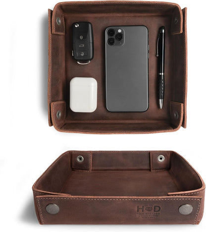 Hide & Drink, Leather Catchall Tray, Easy Access Organizer for Keys, Coins, Change, Jewelry, Watches, Smartphones, Durable, Vintage Style, Handmade :: Bourbon Brown