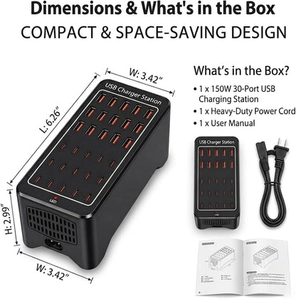 150W USB C Charging Station, 30 Port Fast Multi Device Charger (15 USB-C + 15 USB-A) Desktop Charger Hub, Compatible with iPhone Samsung iPad Google Pixel Tablets & Other USB Electronics