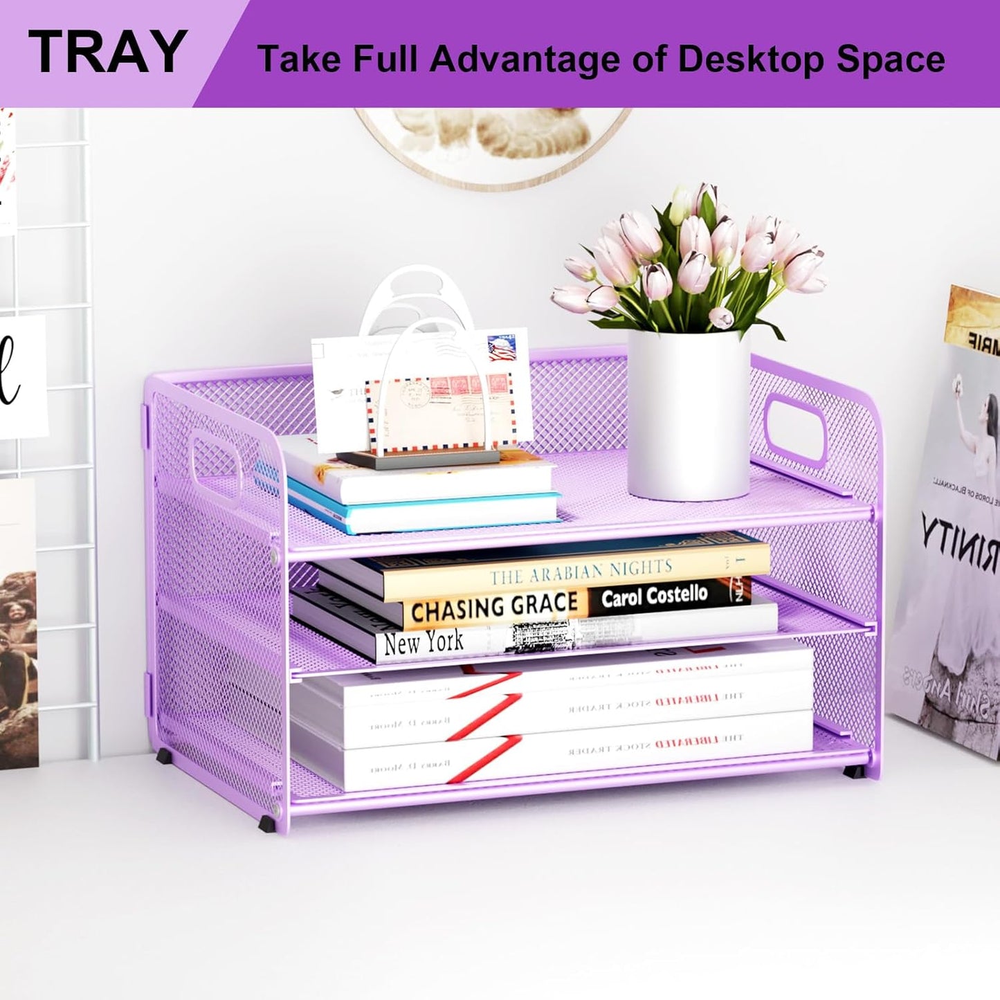 3 Tier Paper Letter Tray Organizer for Desk, Mesh File Folder Document Organizer with Handle for Home Office Supplies Desktop Accessories, Black