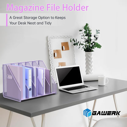 MINDEPOT Desk File Organizer Metal Desk Magazine Folder Holder with 5 Vertical Compartments Rack File Organizer for Office, Home, School, Black