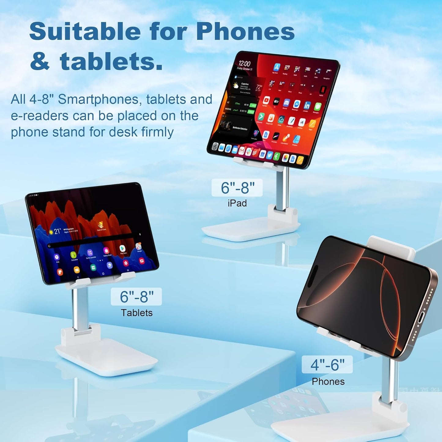 Cell Phone Stand, Fully Adjustable Foldable Desktop Phones Holder with Silicon Pad for Desk Fully Phones Holder Compatible with All Mobile Phones (White)