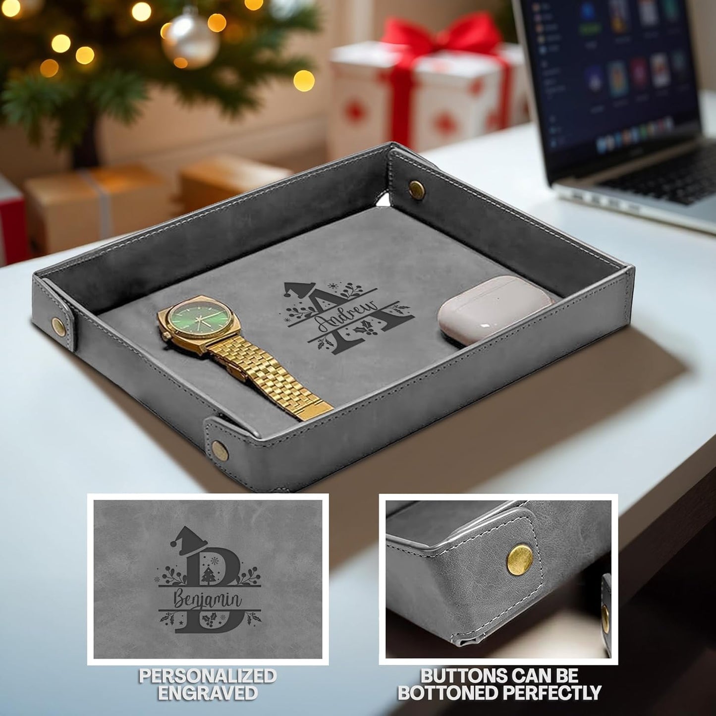 Engraved Leather Valet Tray for Men – Personalized Catchall with Custom Name for Desk, Dresser, Nightstand – Men's Organizer Tray for Keys, Wallet, Jewelry, Personalized Gift for Home, Office - Coffee