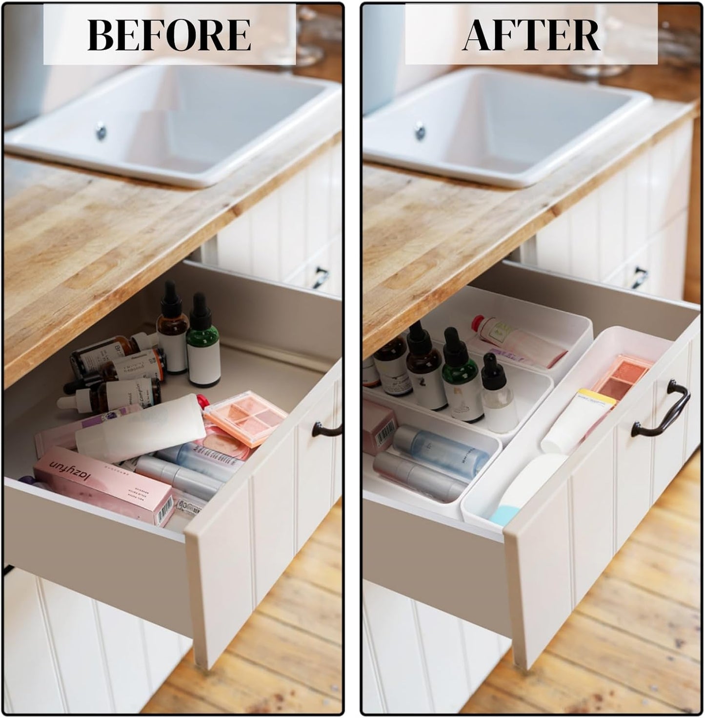 ZAVOOS 6 Pack Plastic Drawer Organizer, 10'' x 3.3'' x 1.8'' White Stackable Vanity Storage Tray, Narrow Rectangular Organizer Bins for Makeup, Bathroom, Kitchen, Office Desktop Supplies