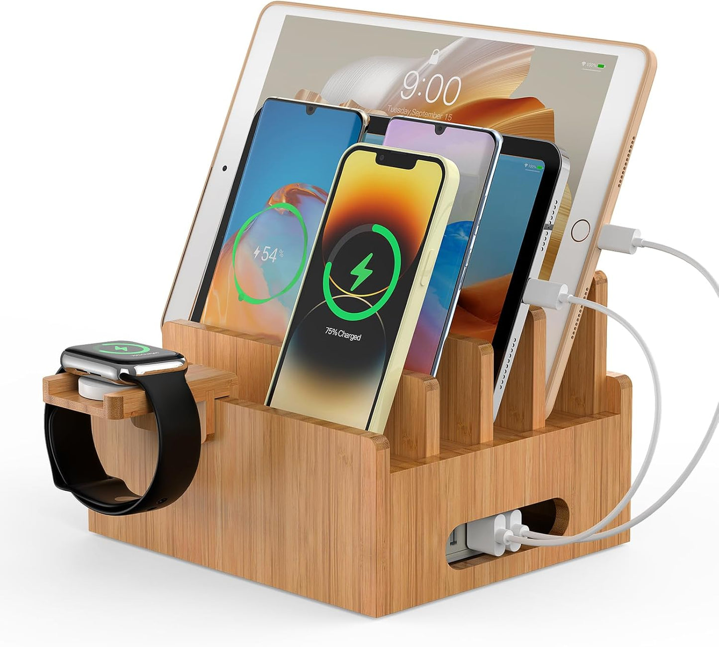 Pezin & Hulin Bamboo Charging Station for Multiple Devices with 5 Port USB Charger, 5 Cables, Smart Watch & Earbuds Stand, Desk Docking Stations Electronic Organizer for Cell Phone, Tablet