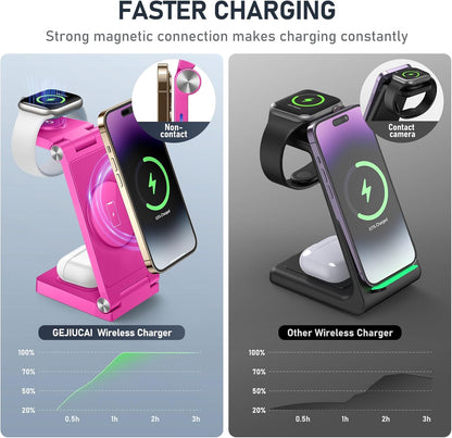 Magnetic Wireless Charger Stand, 3 in 1 Foldable Wireless Charging Station with 20W Adapter, Travel Charger for Multiple Devices for iPhone 17 16 15 14 13 12 Pro/Max/Plus/Mini, iWatch, AirPods