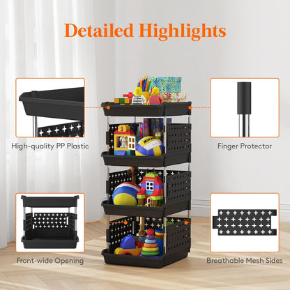 Lifewit Plastic Stackable Storage Baskets, 4 Tier Stacking Bins for Food and Clothes, Multifunctional Organizer for RV, Kitchen, Playroom, Pantry and Bathroom, 13.8"D x 11.8"W x 28.3"H, 1 Pack, White