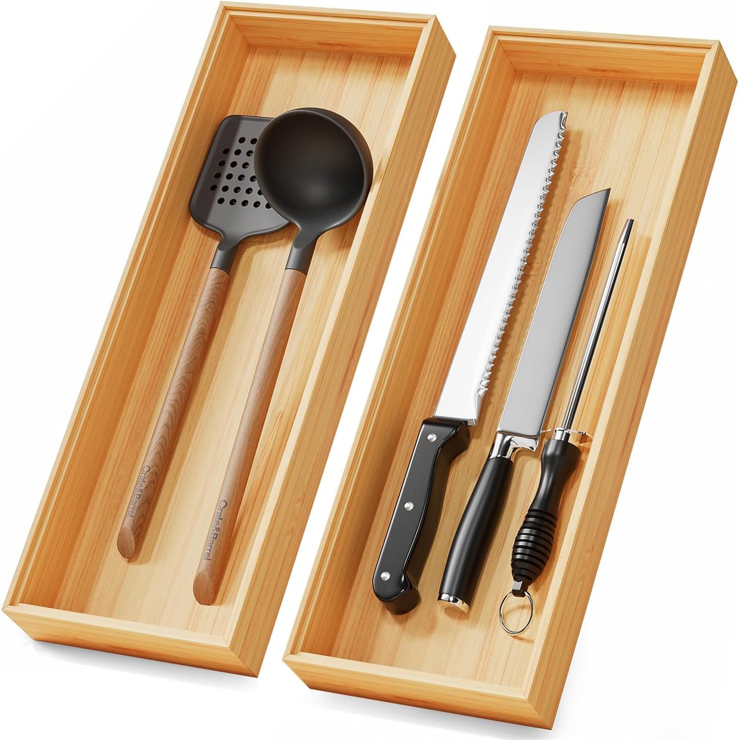 Bamboo Kitchen Drawer Organizer Set of 2, Stackable 15" x 6" Wood Silverware Utensil Tray for Drawers Bins, Cutlery & Flatware Storage – Wooden Boxes Organizers for Junk Drawer, Bathroom, RV