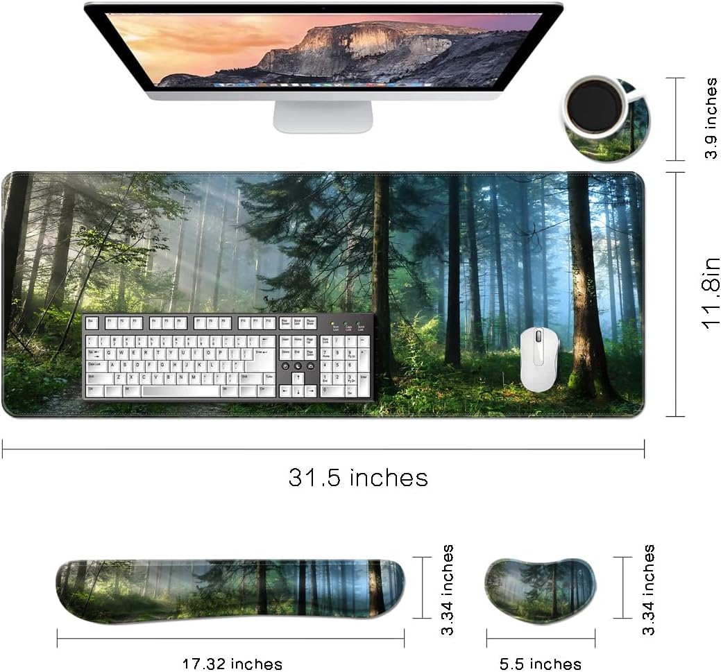 MIBITRI Keyboard Mouse Pad Set, Extended Gaming Mouse Pad+Ergonomics Keyboard Wrist Rest Support, Memory Foam, Easy Typing Pain Relief, 4Pcs XXL Ultra Thick Desk Mat, Enchanted Bookshelf