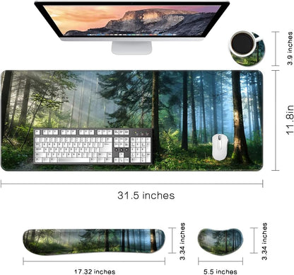 MIBITRI Keyboard Mouse Pad Set, Extended Gaming Mouse Pad+Ergonomics Keyboard Wrist Rest Support, Memory Foam, Easy Typing Pain Relief, 4Pcs XXL Ultra Thick Desk Mat, Enchanted Bookshelf