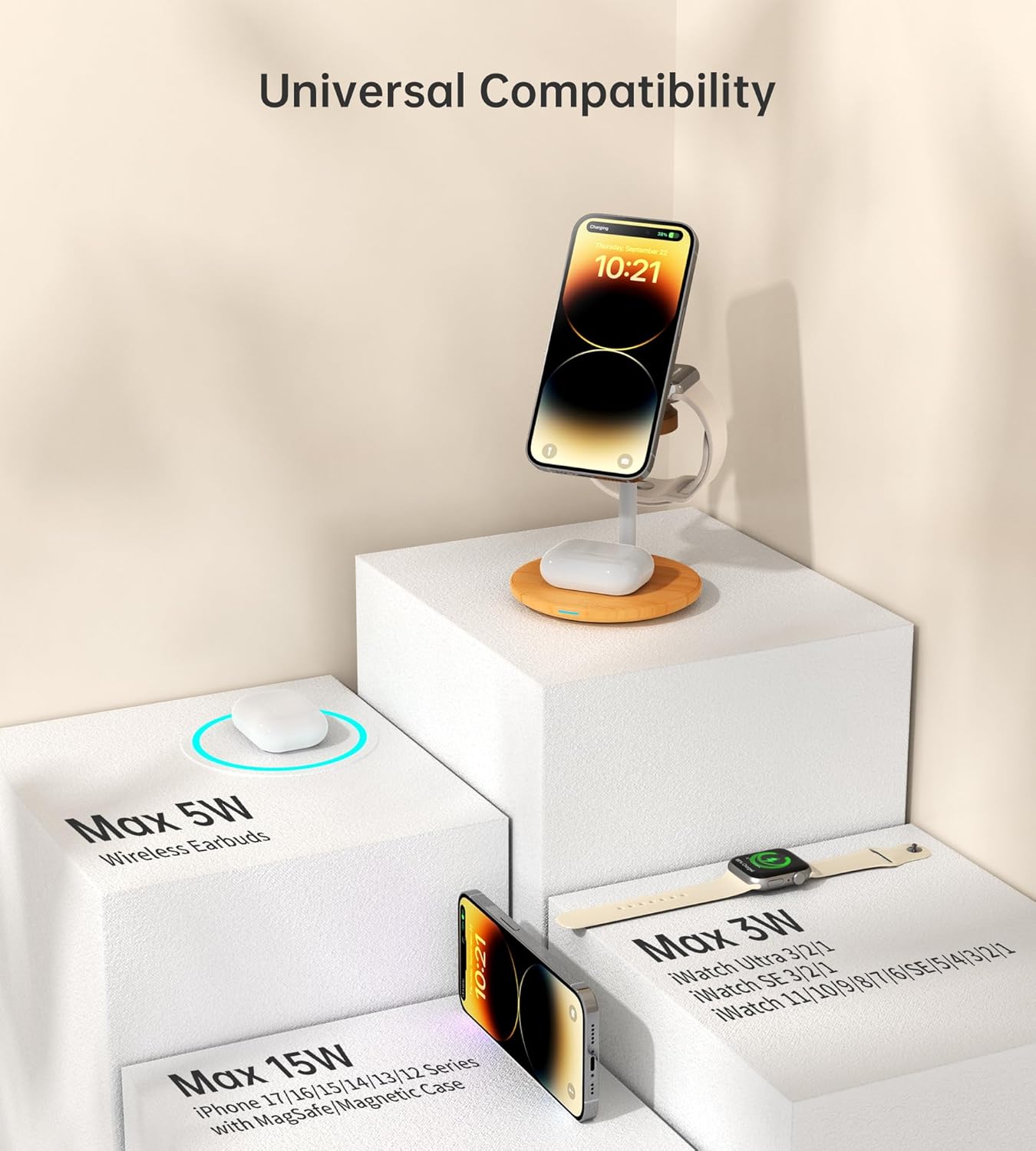 XooFly 3 in 1 Wireless Charging Station for Apple Devices, Fast Wireless Mag-Safe Charger Stand with 20W Adapter for iPhone 17 16 15 14 13 12 Pro Max/Air/Plus/Pro,iWatch,AirPods-Gift for Wife&Husband