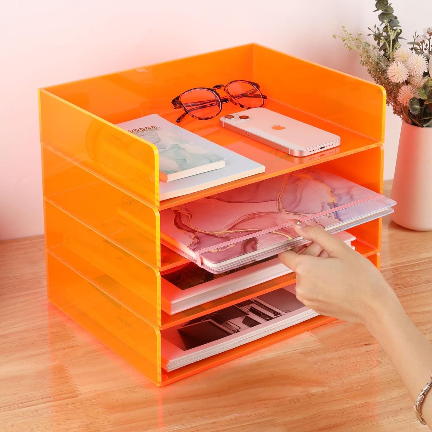 Gelite Acrylic File Organizer for Desk 4 Tiered Stackable Letter Tray Office Paper Storage Desktop Document Sorter, Neon Pink