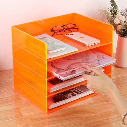 Gelite Acrylic File Organizer for Desk 4 Tiered Stackable Letter Tray Office Paper Storage Desktop Document Sorter, Neon Pink