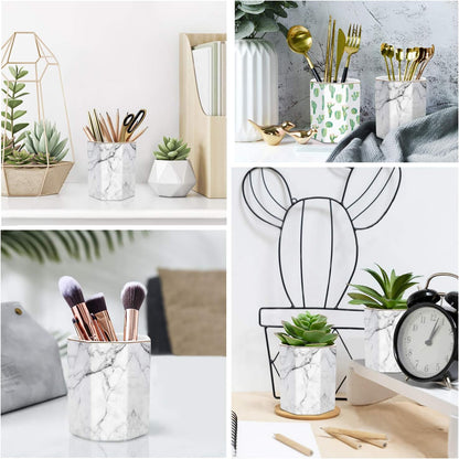 WAVEYU Ceramic Pen Holder for Desk Cute, Pencil Cup Pot Desk Organizer, Makeup Brush Holder for Women, Men, Kids, Desk Marble Decor for Office, Classroom, Home, Gray Golden