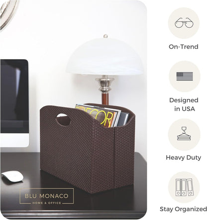 BLU MONACO Brown Woven Leather Magazine Holder Basket with Handles | Vertical File Organizer for Desk | File Folder Storage Bin for Office, Living Room or Bathroom
