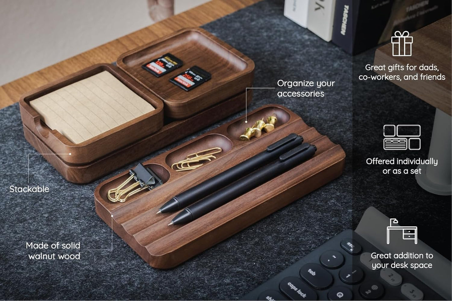 MUUJEE Wooden Desk Tray Organizer - 7.5 x 3.75 for Work Teacher Dad Wood Tray Work Minimalist Rustic