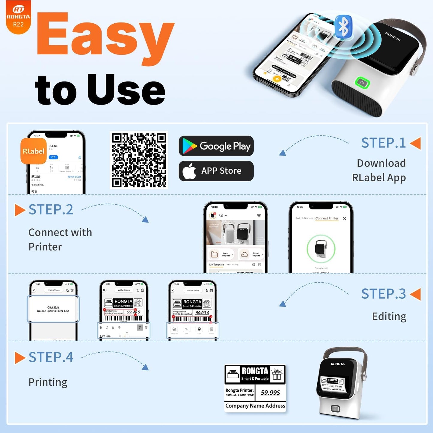 Rongta Bluetooth Label Maker Machine with Tape, Thermal Label Printer for Office, Small Business Essentials, Home Organization, Portable Inkless Sticker Label Maker with 2x1.18 inch Labels