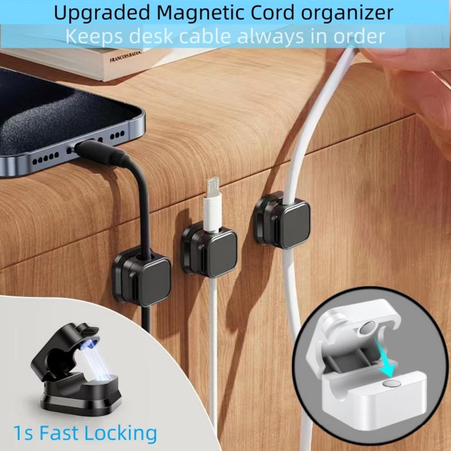 10 Pack Magnetic Cable Clips,Adjustable and Convenient Cable Management,Wire Holder Organizer,Conceal or Arrange Phone USB Charger Cables for Home,Office,Car,Desk,or Nightstand. (White)