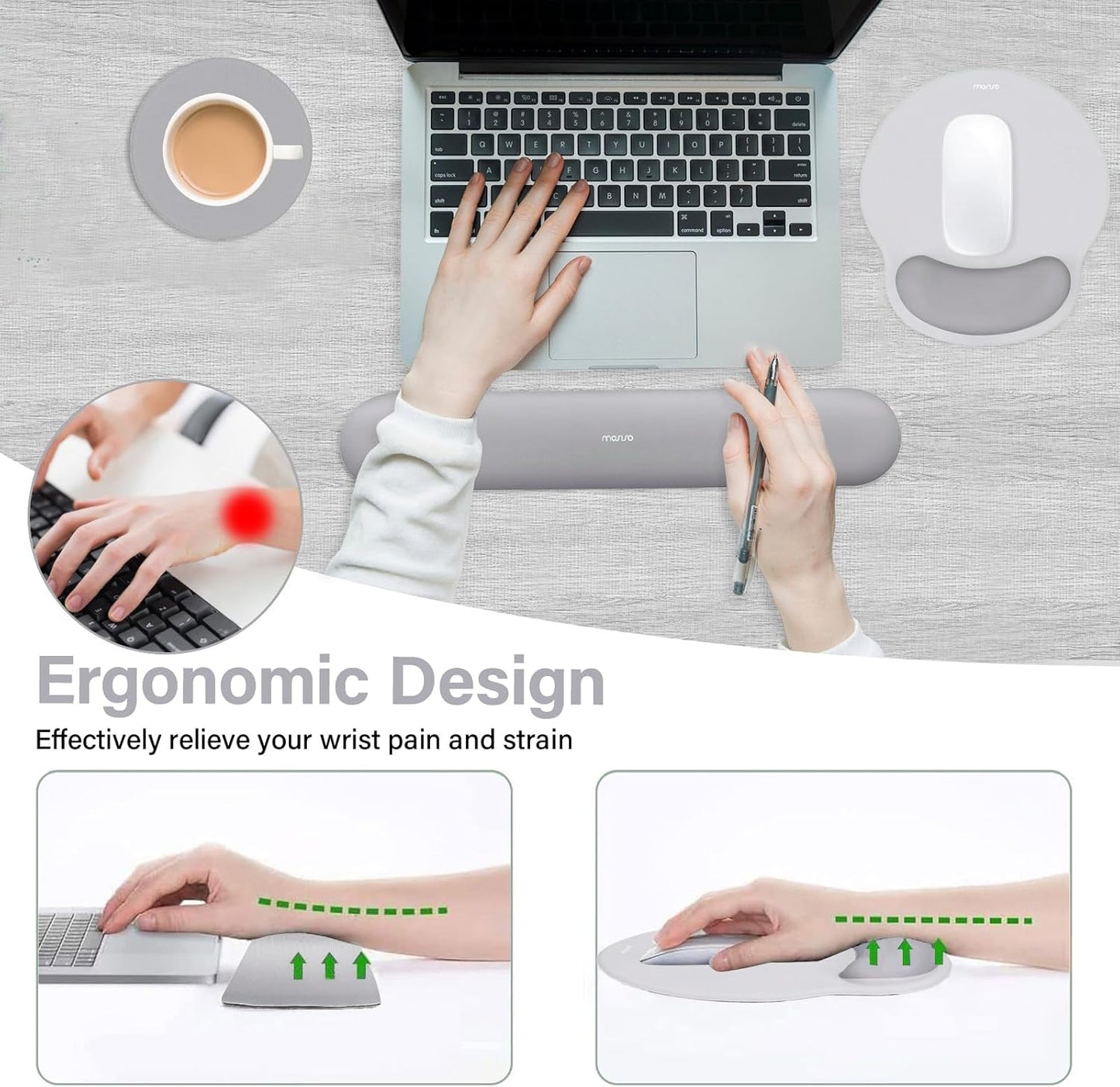 MOSISO Wrist Rest Support for Mouse Pad&Keyboard Set, Circle Curved Ergonomic Mousepad&Coaster Non-Slip Base Home/Office Pain Relief&Easy Typing Pad with Soft Cloth&Silicone Lining, Antique Green