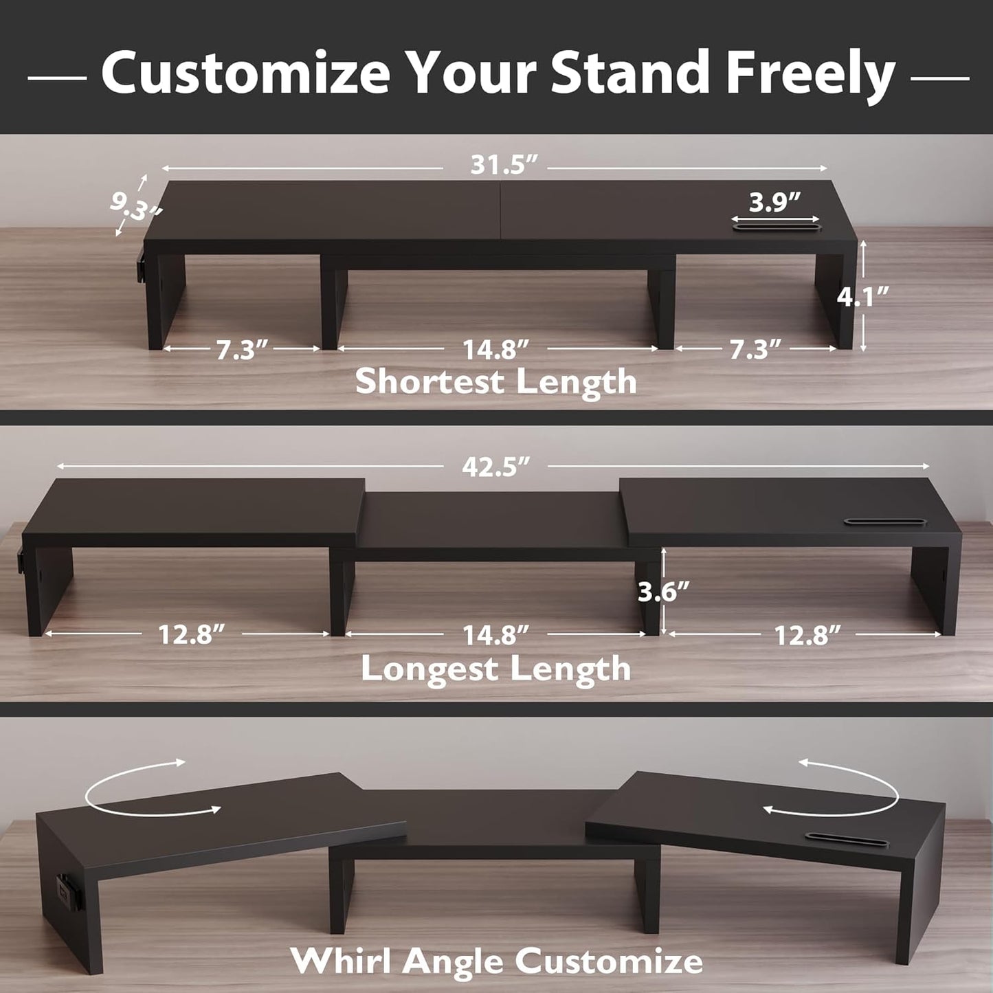 BONTEC Dual Monitor Stand Riser with Smartphone Holder, Adjustable Length & Swivel Angle, Ergonomic Wooden Desktop Organizer for PC Monitor, Laptop, Printer, Large Storage, White