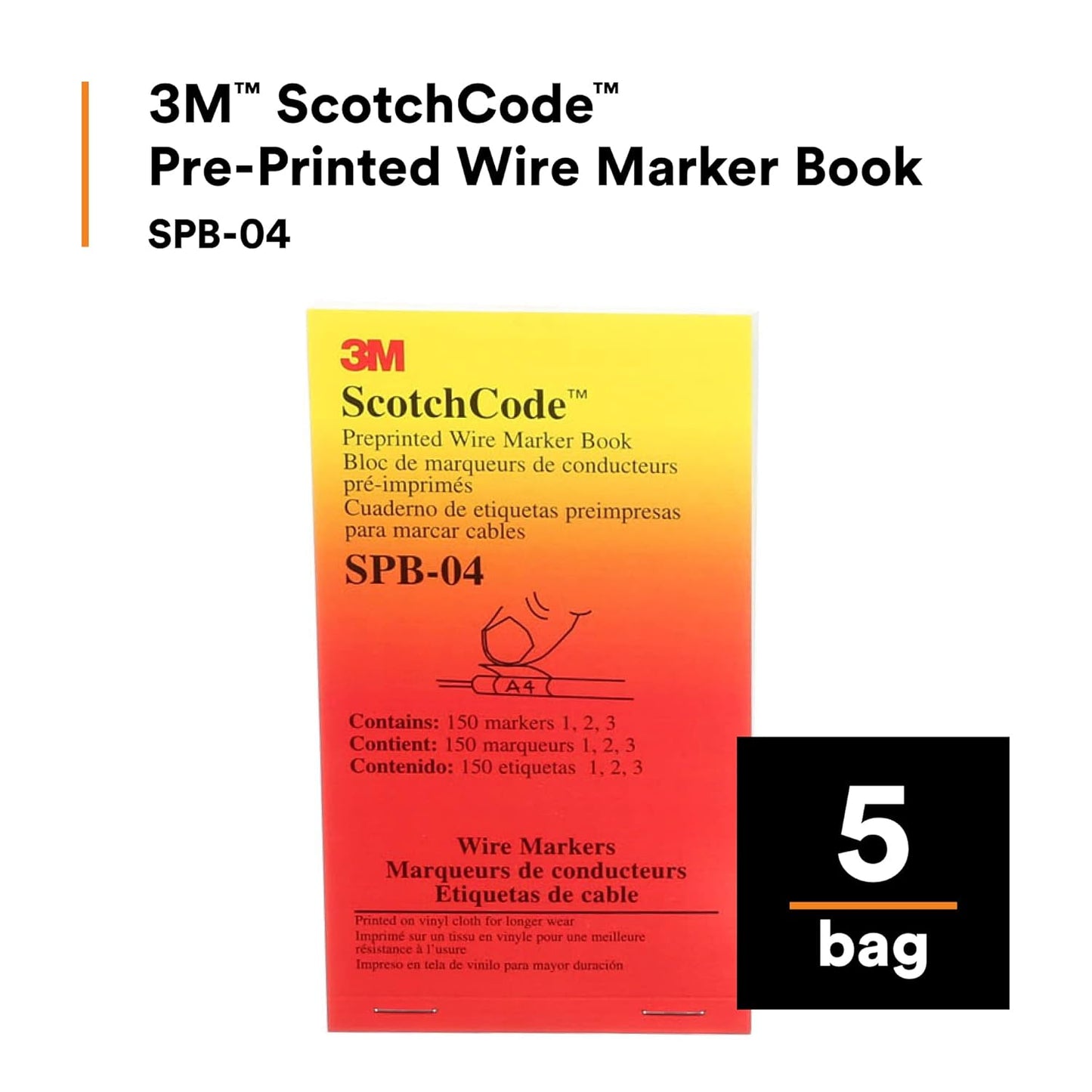3M ScotchCode Pre-Printed Wire Marker Book SPB-03, Vinyl Coated, Black Printed Numbers (10) each 1–45, White Background Highlights Characters, 1 Book