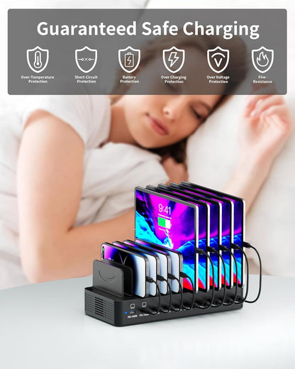 580W Charging Station for Multiple Devices, 10-Port USB C Fast Charger Station, Dual PD 100W Charging Dock with Adjustable Dividers & 6 Cables-Device Organizer for Laptop MacBook, iPhone, iPad