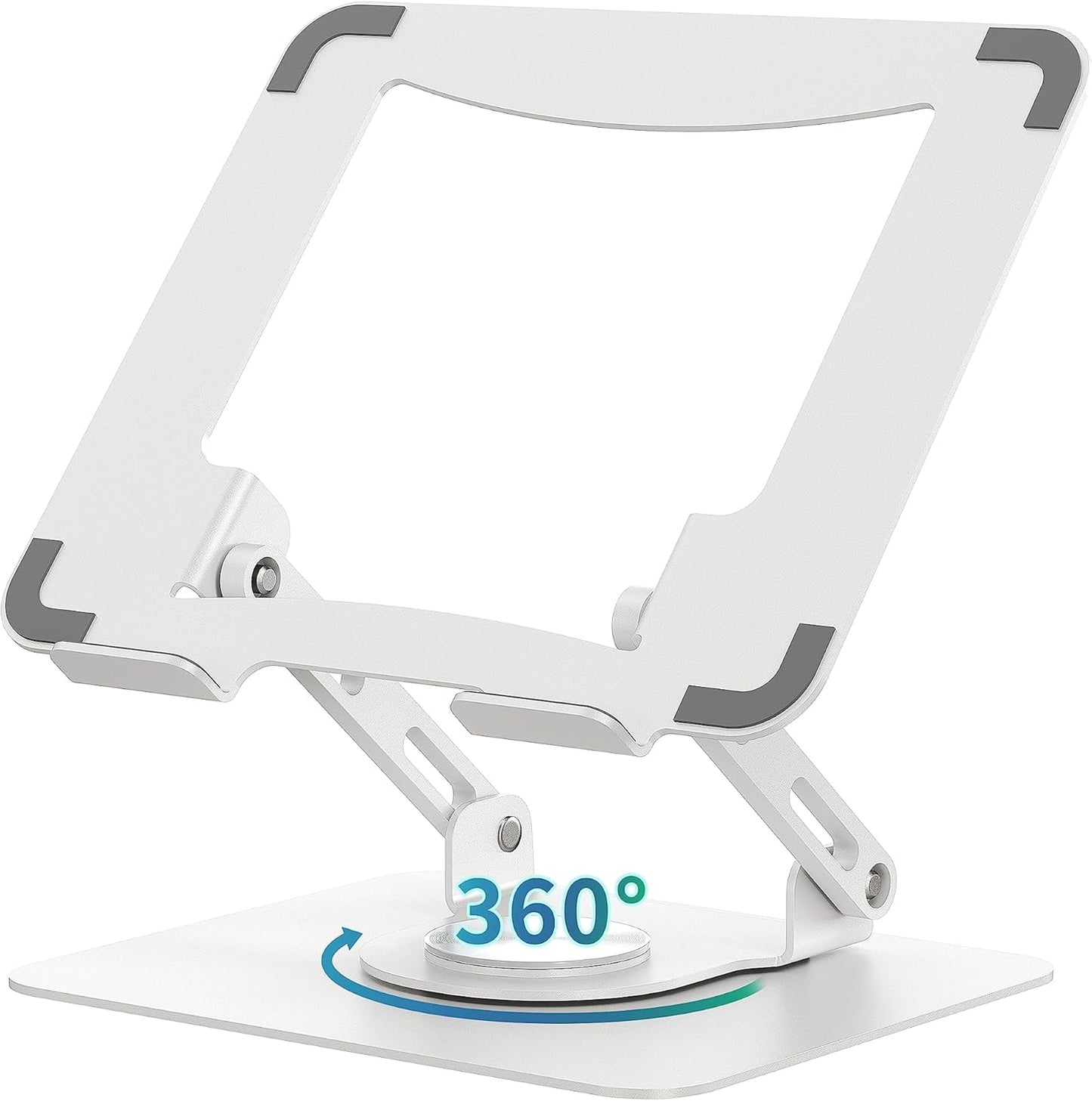 SOUNDANCE 360 Rotating Laptop Stand, Ergonomic Computer Riser for Desk, Adjustable Height Multi-Angle Metal Holder, Foldable Portable Notebook Elevating Base for Office & Home, Silver Grey