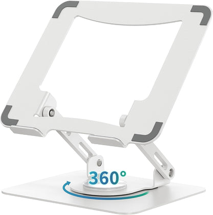 SOUNDANCE 360 Rotating Laptop Stand, Ergonomic Computer Riser for Desk, Adjustable Height Multi-Angle Metal Holder, Foldable Portable Notebook Elevating Base for Office & Home, Silver Grey