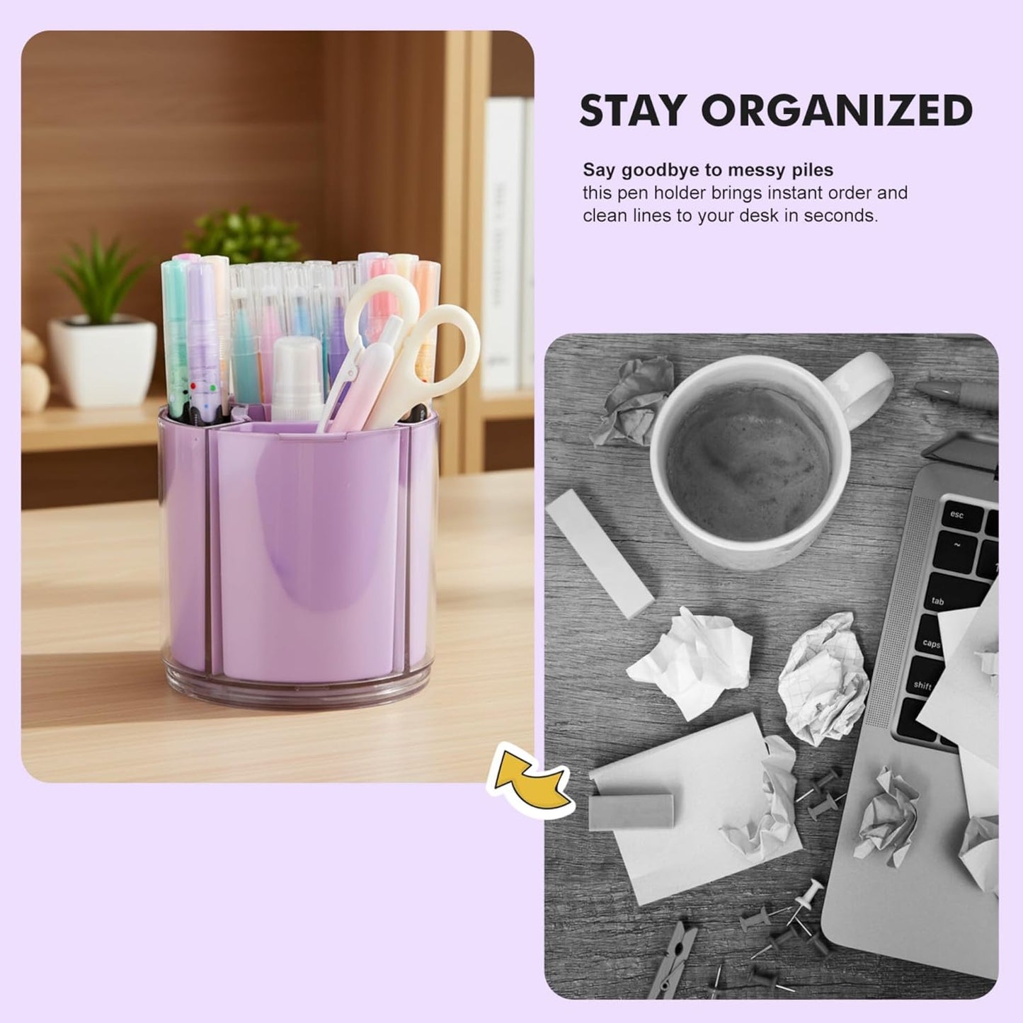 Comix 360° Rotating Pen Holder for Desk, Cute Pencil Holder Pen Organizer, Beige Acrylic Pencil Cup Caddy with 5 Slots for Home School Office Supplies