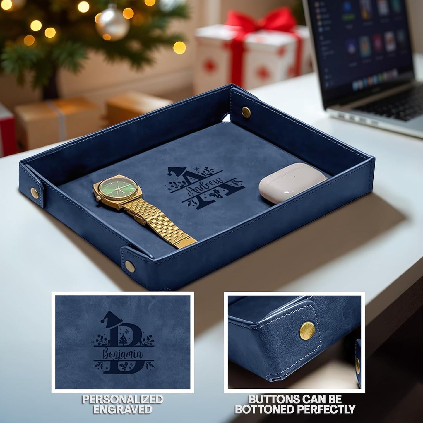Engraved Leather Valet Tray for Men – Personalized Catchall with Custom Name for Desk, Dresser, Nightstand – Men's Organizer Tray for Keys, Wallet, Jewelry, Personalized Gift for Home, Office - Coffee