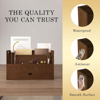 Bamboo Mail Organizer Countertop Desktop with Drawer - Desk Organizer with File Organizer for Office Supplies All-in-One Desk File Organization with Pencil Holder for Paper Letter Envelope Bill