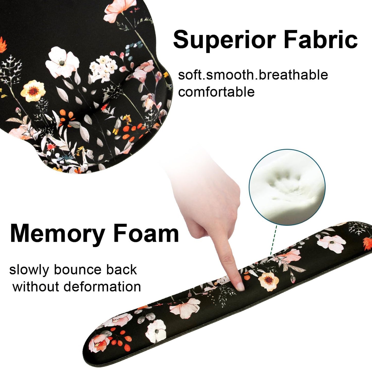 Ergonomic Mouse Pad with Wrist Rest and Keyboard Wrist Rest, Memory Foam Wrist Rest for Computer Keyboard, Easy Typing, Pain Relief, Mouse Pad Wrist Support for Gaming,Office, Laptop, Black Flower