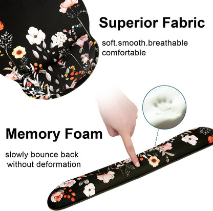 Ergonomic Mouse Pad with Wrist Rest and Keyboard Wrist Rest, Memory Foam Wrist Rest for Computer Keyboard, Easy Typing, Pain Relief, Mouse Pad Wrist Support for Gaming,Office, Laptop, Black Flower