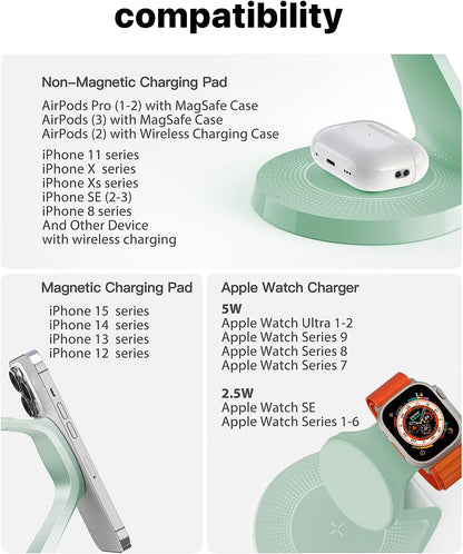 3 in 1 Charging Station for Apple Devices,Mag-Safe Charger Stand Fast Charging,Wireless Charger for iPhone 16/15/14/13/12 Series,& AirPods,& iWatch(USB-C Charger Included)