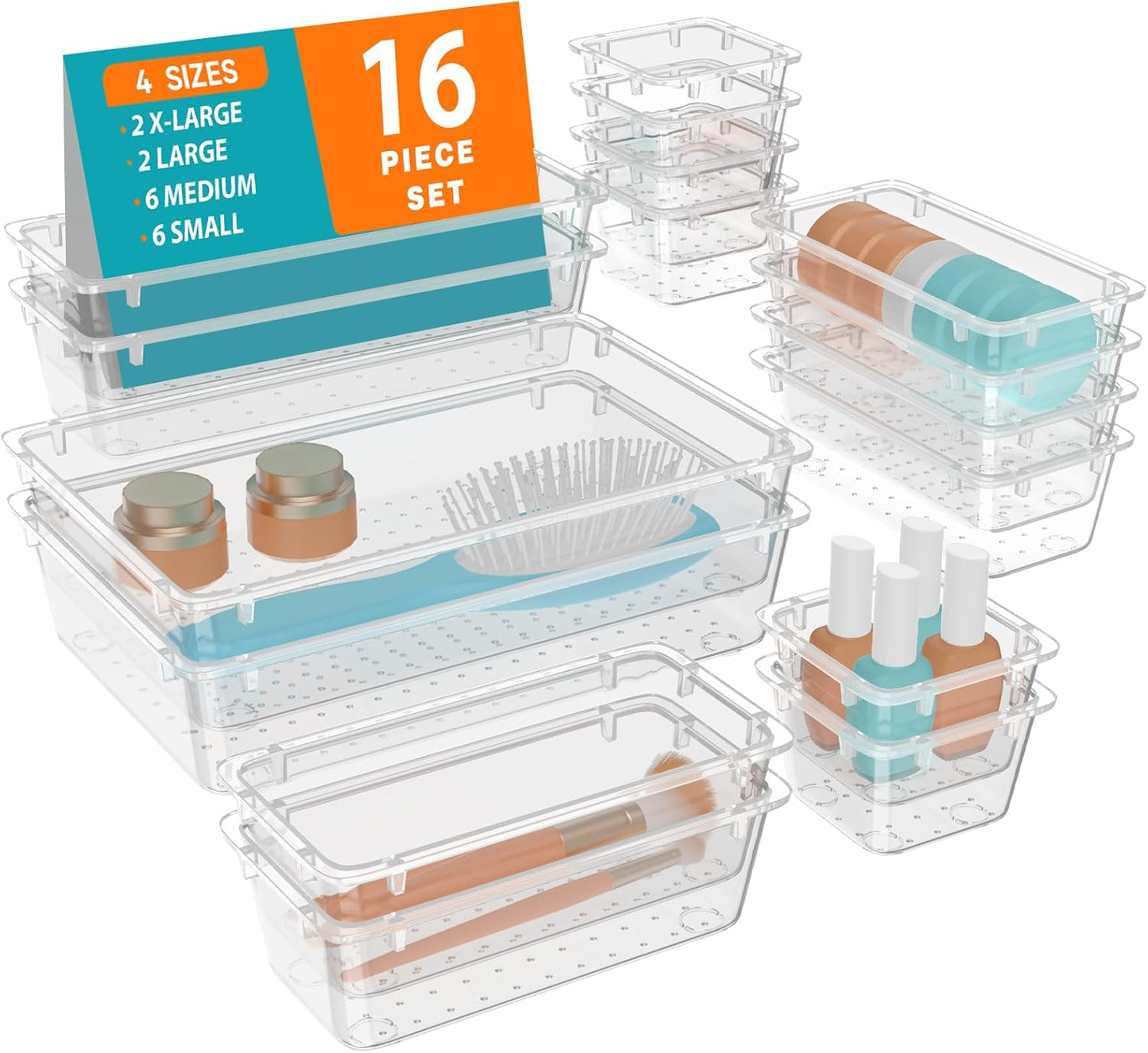 WOWBOX 32 PCS Clear Plastic Drawer Organizer Set, 4 Sizes Desk Drawer Organization and Storage Containers for Makeup, Cosmetics, Jewelry and Gadgets in Kitchen, Bathroom, Bedroom, Office, Clear Black