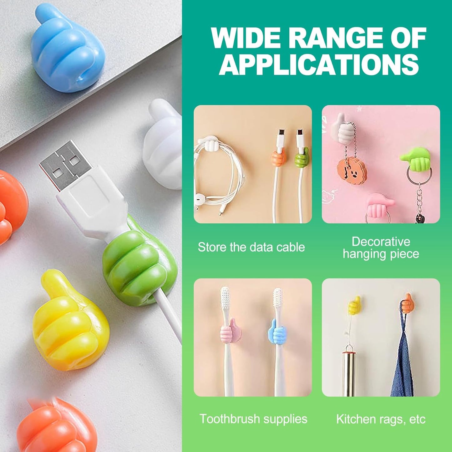 slaixiu 32PCS Creative Silicone Thumbs Up Wall Hooks - Self-Adhesive Cord & Cable Clips for Charging Cables, Wires & Pencils, Organizer for Desk, Office, Home