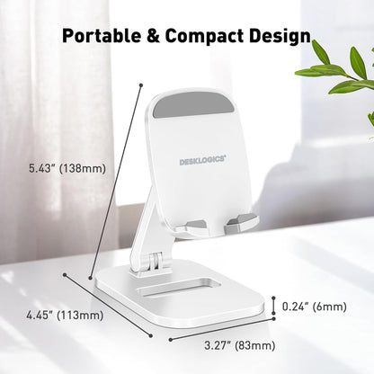 Cell Phone Stand for Desk, Foldable & Adjustable Aluminum Phone Holder Dock - Portable Travel Case Friendly Desktop Cradle for iPhone 17 16 Pro Max Plus Air, Samsung S25 S24, Kindle（White）