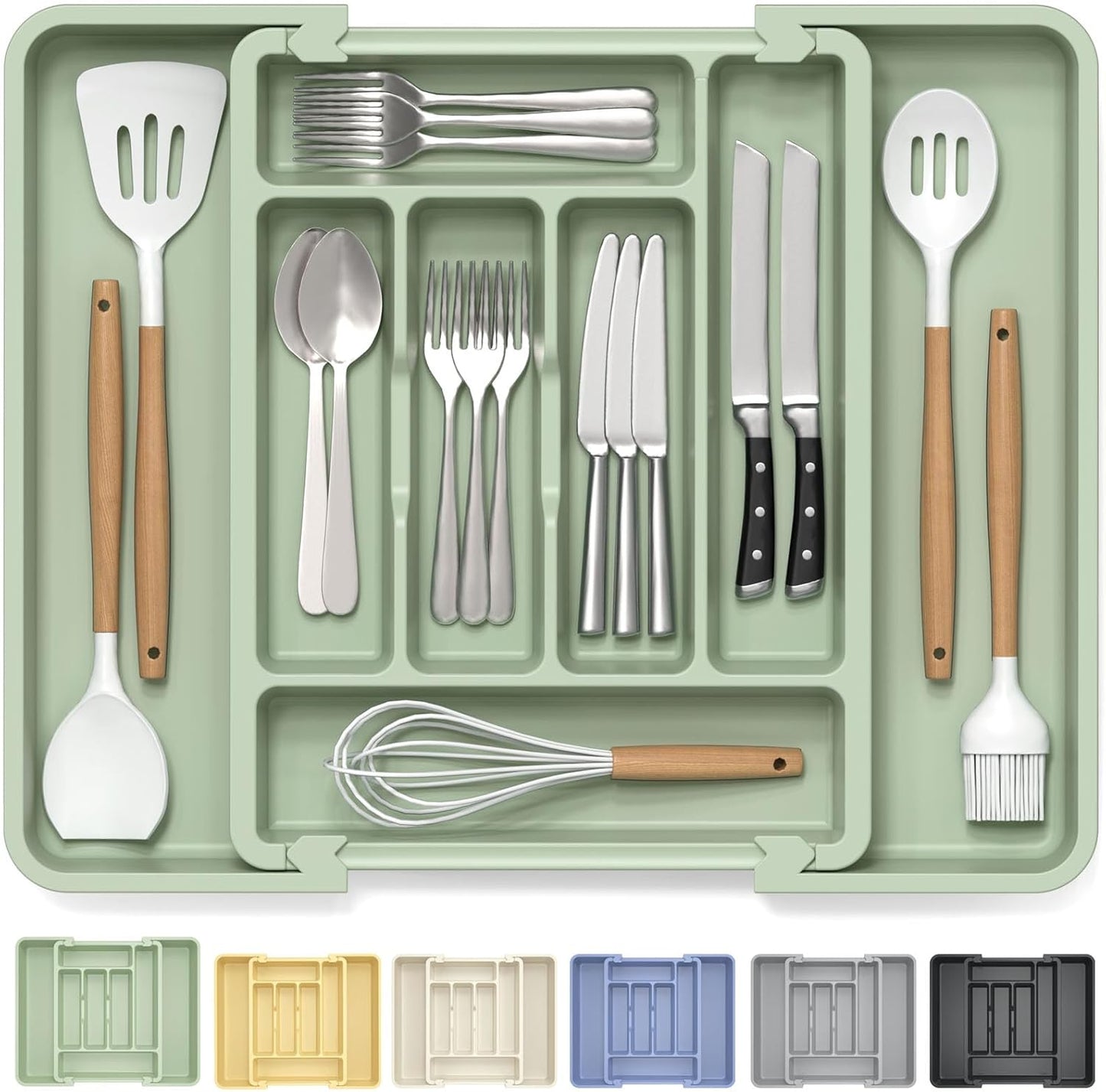 Caperci Large Silverware Organizer for Kitchen Drawer & Utensils - Expandable Drawer Organizer for Cutlery, Flatware & Gadget, BPA-Free Thick Plastic, Wider Compartments & Non-skid Feet (Tofu)