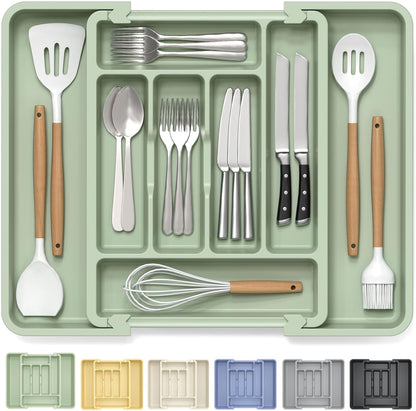 Caperci Large Silverware Organizer for Kitchen Drawer & Utensils - Expandable Drawer Organizer for Cutlery, Flatware & Gadget, BPA-Free Thick Plastic, Wider Compartments & Non-skid Feet (Tofu)
