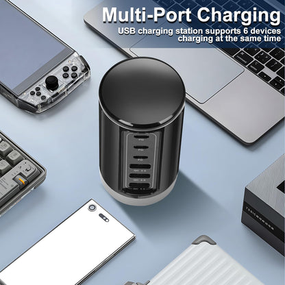 Universal USB Tower Fast Charging Station 6-Port 150W - Compact, Space-Saving Design with Multiple USB-C Ports for All Series iPhone Galaxy Note Pixel iPad Multiple Devices
