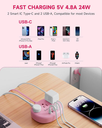 Pink Extension Cord with Surge Protected 1080J - 5 FT Kawaii Power Strip, 1625W Cute Extension Cord with 3 AC Outlet 4 USB (24W/4.8A), Compact for Cute Pink Kawaii Desk Home Essentials