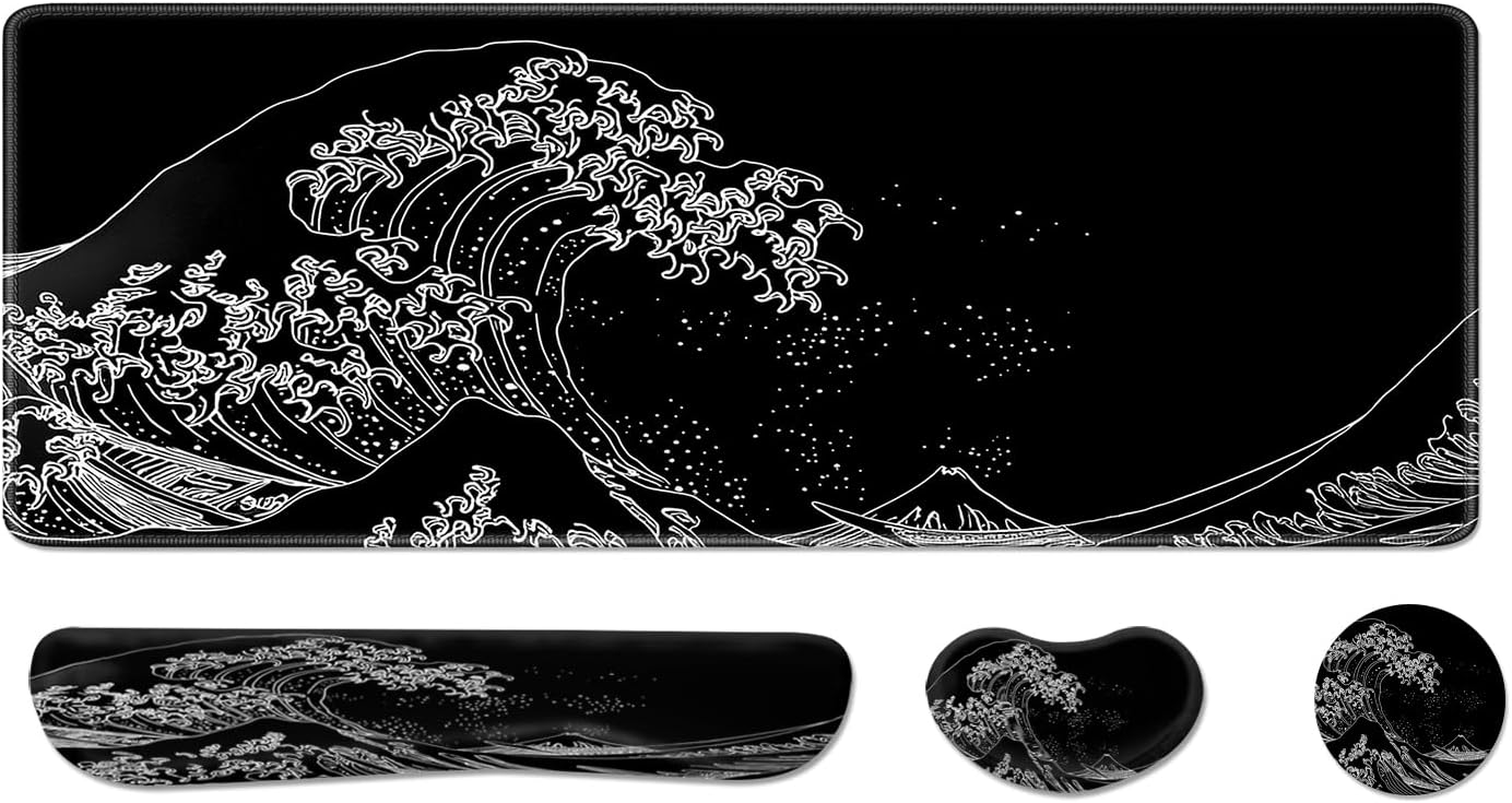 Desk Pad and Keyboard Wrist Rest, Large Mouse Pad + Keyboard Pad+Mouse Wrist Support, Non-Slip Desk Mat Protector for Office, Home 31.5×11.8 Inches Anime Dragon