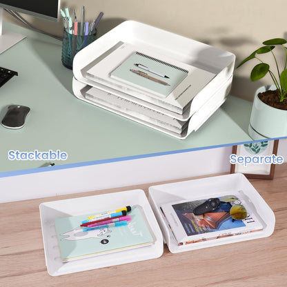 Tomorotec Desk Letter Tray Set, A4 Size Clear PET Stackable Document Organizer Office Desktop File Paper Holder Book Storage Rack Side Load Anti-Skid Stacking Support Convex Bottom (2X Landscape)