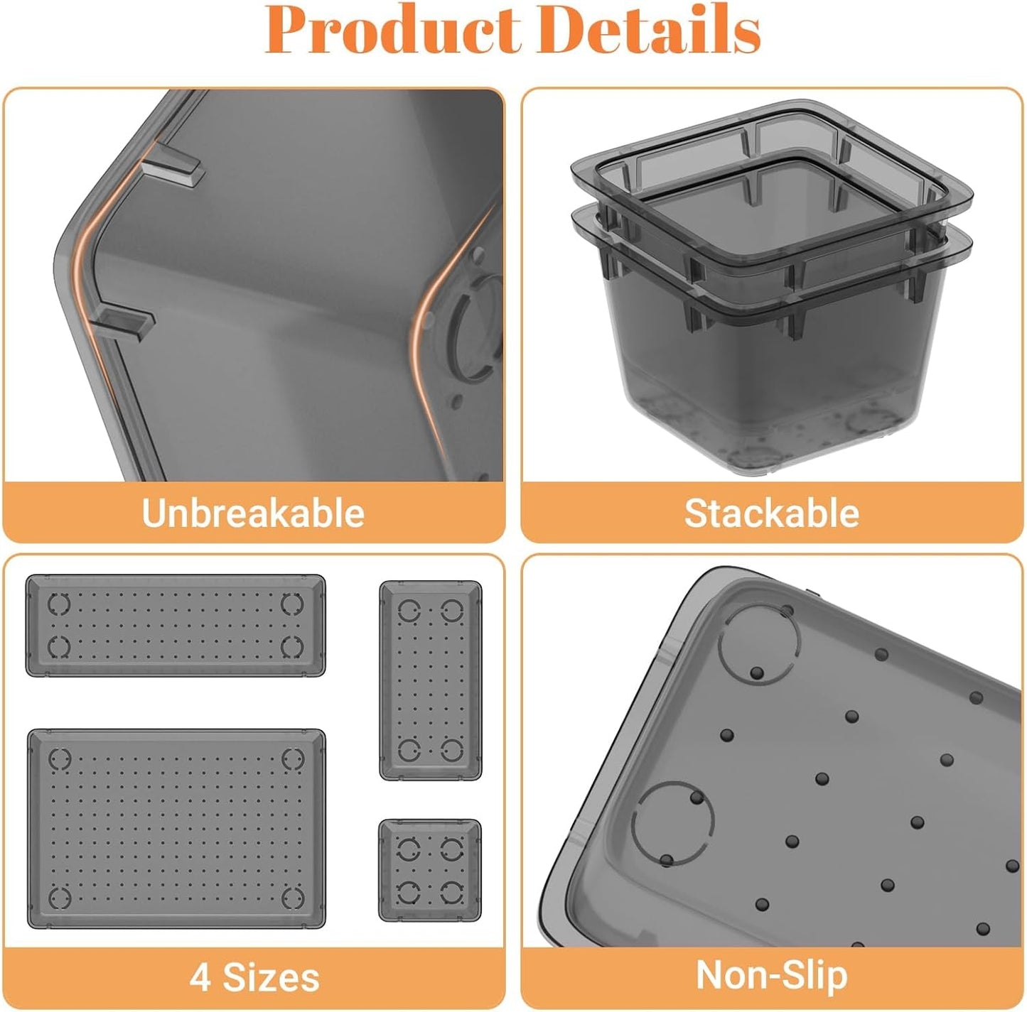 SpaceHacks 15 PCS Clear Plastic Drawer Organizer Set, 4-Size Acrylic Drawer Storage Trays, Storage Bins for Makeup, Gadgets, and Jewelry in Bathroom, Bedroom and Office, Clear Black