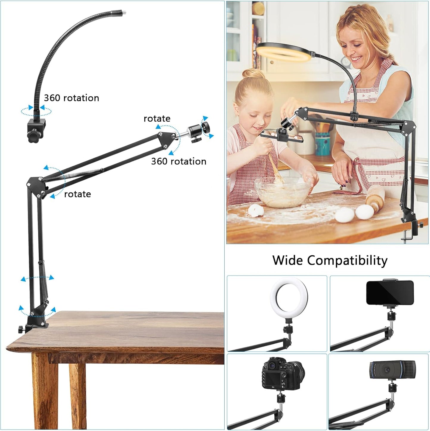 Overhead Video Stand Phone Holder Articulating Arm Phone Mount Table Top ChromLives Scissor Boom Arm Articulating Phone Stand Tablet Phone Holder for Streaming Phone Baking Crafting